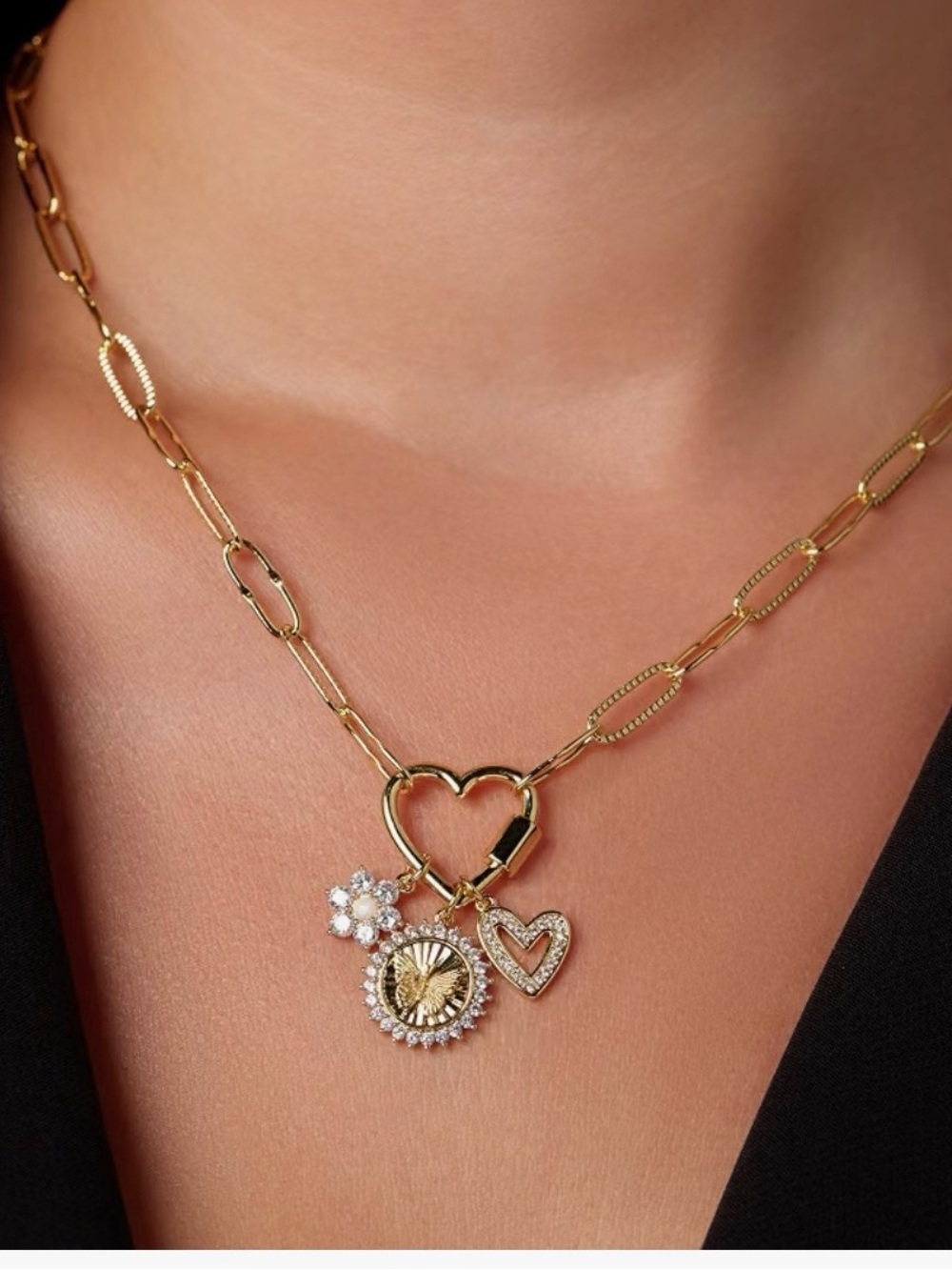 Gold Heart Link Necklace with Charm Pendants - Women's Jewelry
